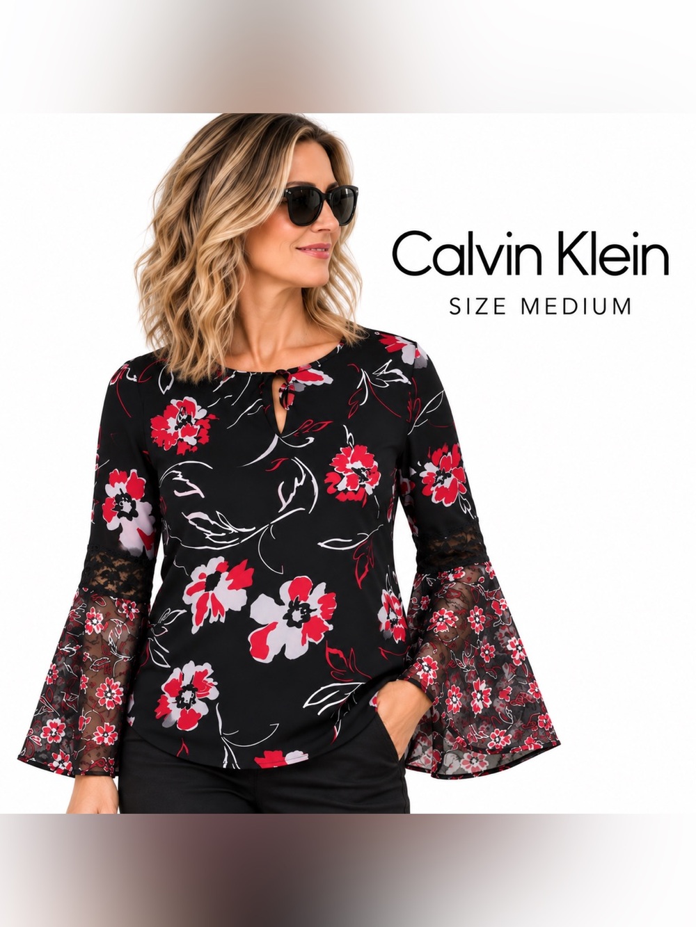 Calvin Klein Floral Bell Sleeve Blouse – Size Medium